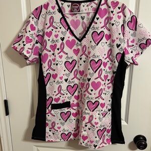 Pink Heart and Ribbon Print Scrub Top